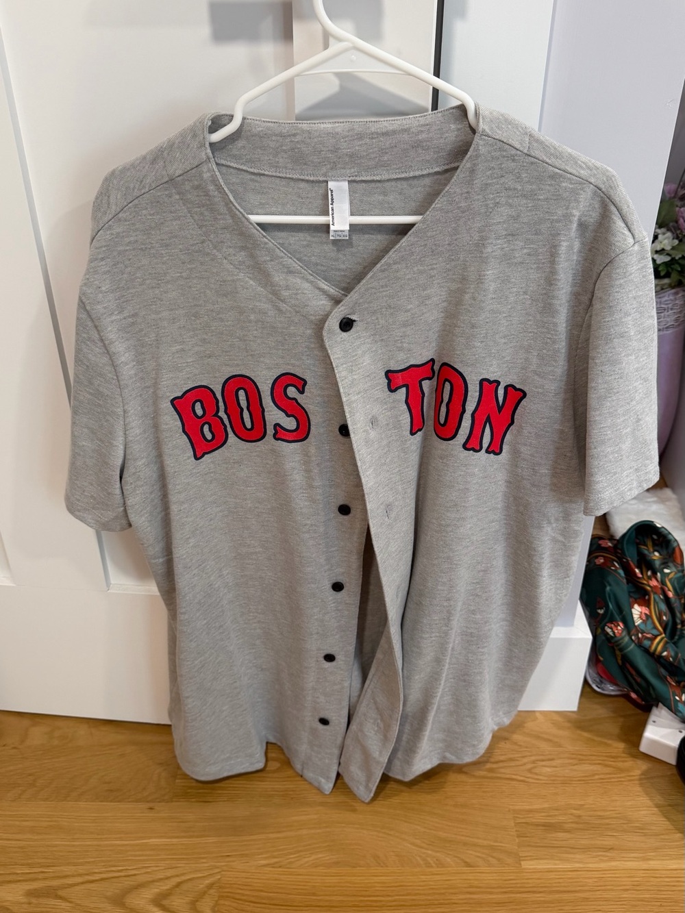 American Apparel Gray Baseball Jersey with Red Boston Lettering